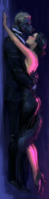 Free dark romance bookmark featuring a werewolf couple hugging against a wall